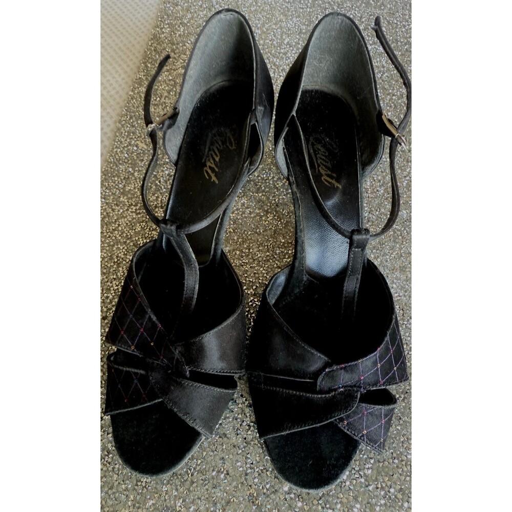 COAST Black Satin Dance Shoes with Glitter Plaid Lines US size 7 1/2 Women